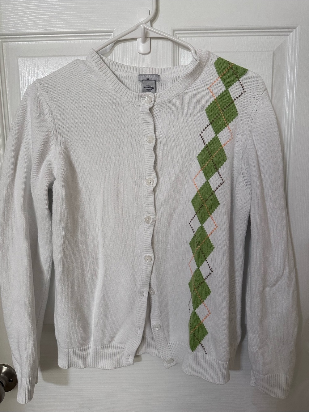 Izod White Cardigan Sweater with Green Argyle Trim